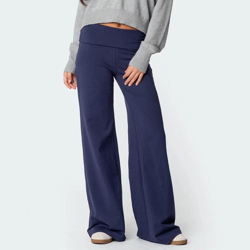 Edikted Wide-Leg Fold-Over Navy Lounge Pants
